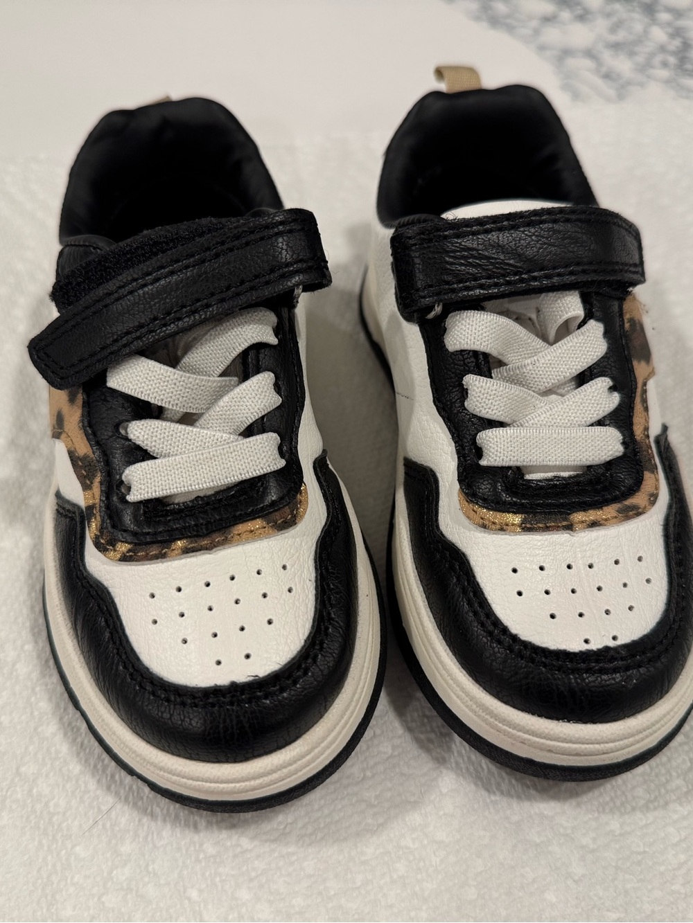 Kids Black and White Athletic Sneakers with Leopard Trim NEW